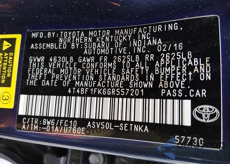 2016 Toyota Camry Le z USA, uszkodzony, nr VIN 4T4BF1FK6GR557201